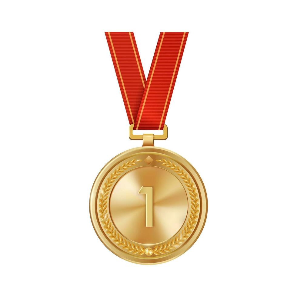 realistico d'oro medaglia su rosso nastro con inciso numero uno. gli sport concorrenza premi per primo posto. campionato ricompensa per realizzazioni e vittoria. vettore