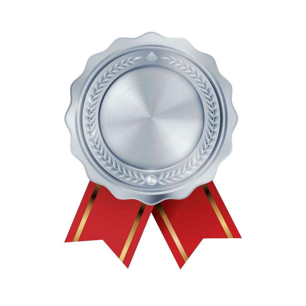 brillante realistico vuoto argento premio medaglia con rosso nastro rosette su bianca sfondo. simbolo di vincitori e conquiste. vettore