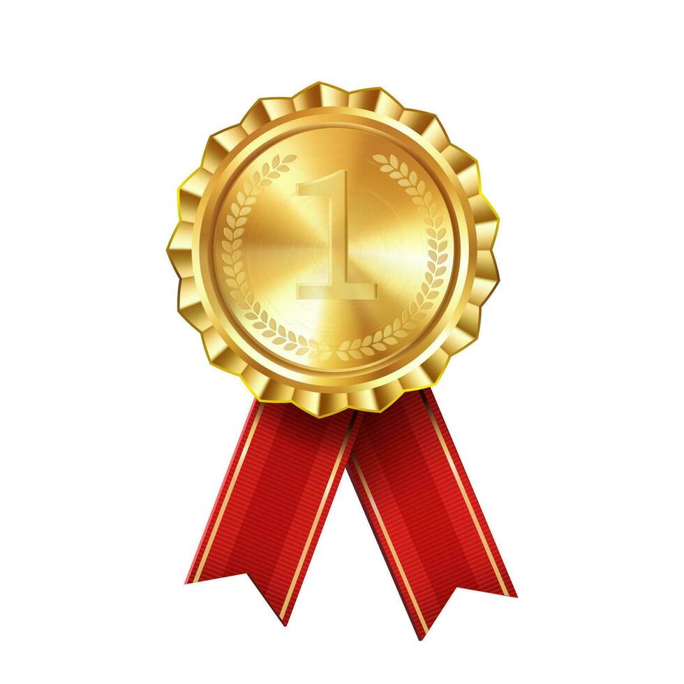 realistico oro premio medaglia con rosso nastri inciso numero uno. premio distintivo per vincitori e realizzazioni vettore