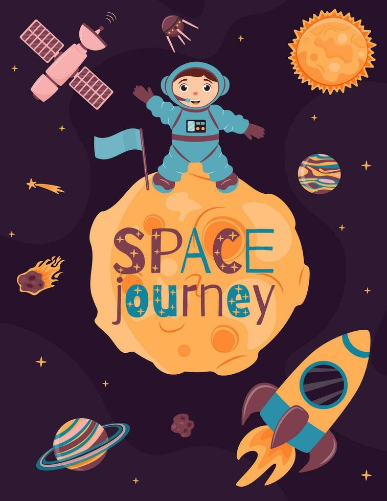 a4 manifesto con carino astronauta, pianeti, Luna, razzo, spazio stazione e razzo nel cartone animato stile. vettore