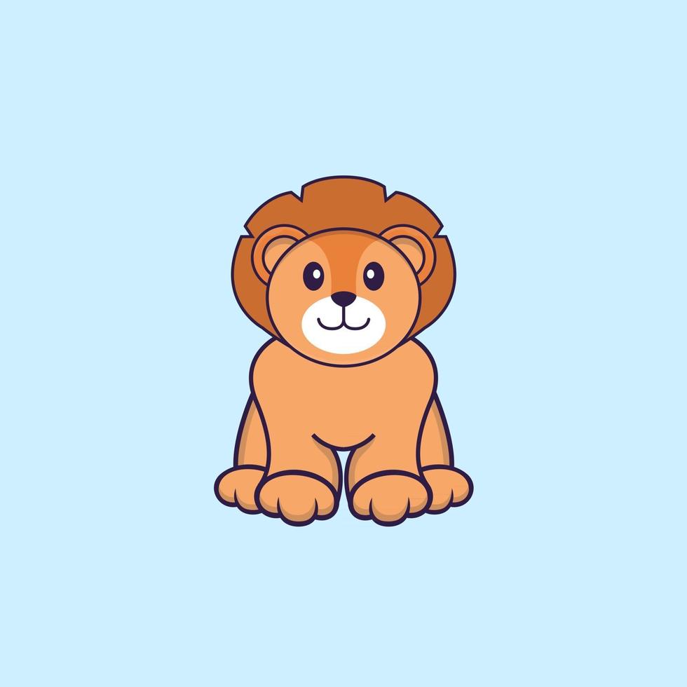 il leone carino è seduto. concetto animale del fumetto isolato. può essere utilizzato per t-shirt, biglietti di auguri, biglietti d'invito o mascotte. stile cartone animato piatto vettore