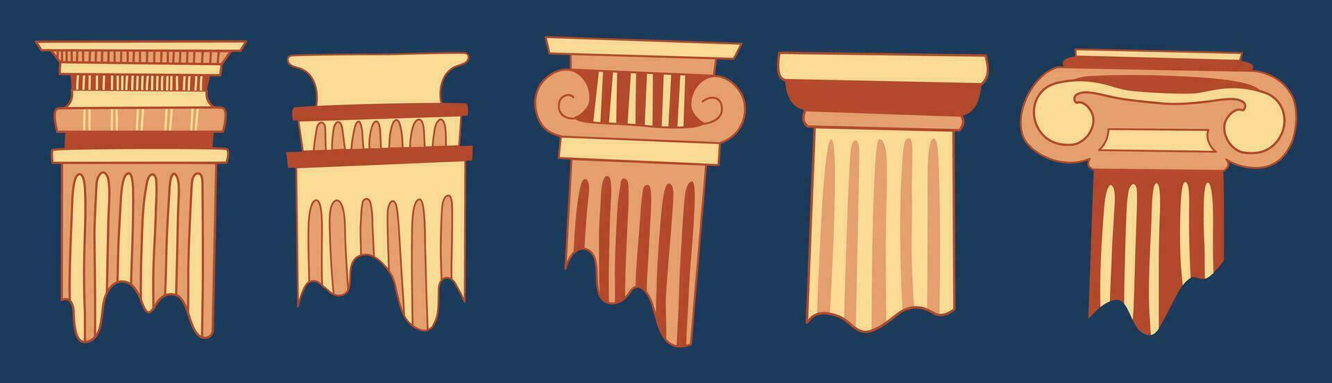 antico rovine. classico pietra pilastri, antico architettura edificio colonne, vecchio greco esterno elementi. vettore collezione di romano edificio antico pilastro illustrazione.