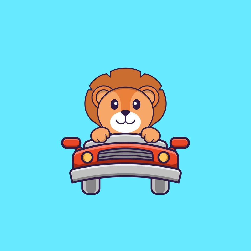 il leone carino sta guidando. concetto animale del fumetto isolato. può essere utilizzato per t-shirt, biglietti di auguri, biglietti d'invito o mascotte. stile cartone animato piatto vettore