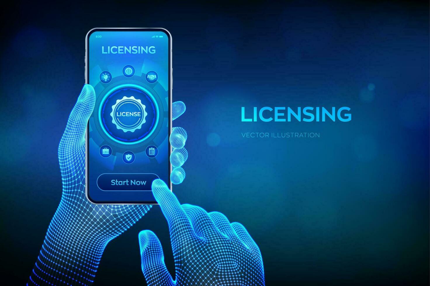 licenza. licenza accordo attività commerciale tecnologia concetto su smartphone schermo. diritto d'autore protezione legge licenza proprietà diritti. avvicinamento smartphone nel wireframe mani. vettore illustrazione.