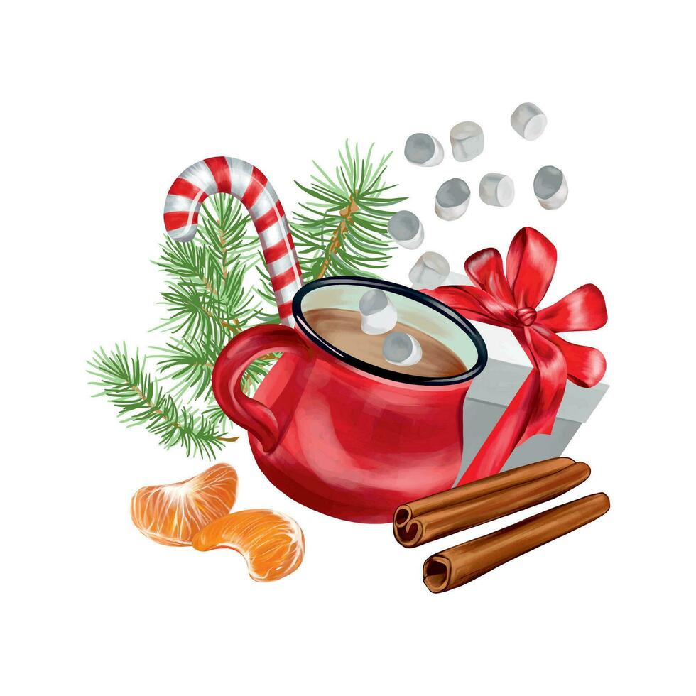 caldo bevanda nel un' rosso tazza, marshmallow, regalo, cannella, mandarino fette, abete rosso rami. vettore illustrazione per nuovo anno composizione. saluto carte, Natale inviti, a tema striscioni, volantini.