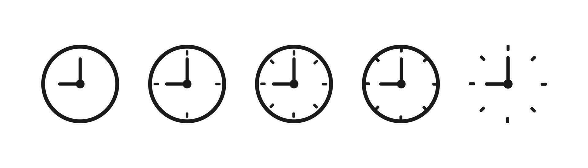 orologio icone collezione. nero parete orologio impostare. isolato tempo simbolo. il giro magro orologio nel nero. lineare cronometro cartello. schema il giro Timer. analogico allarme nel cerchio. vettore eps 10.