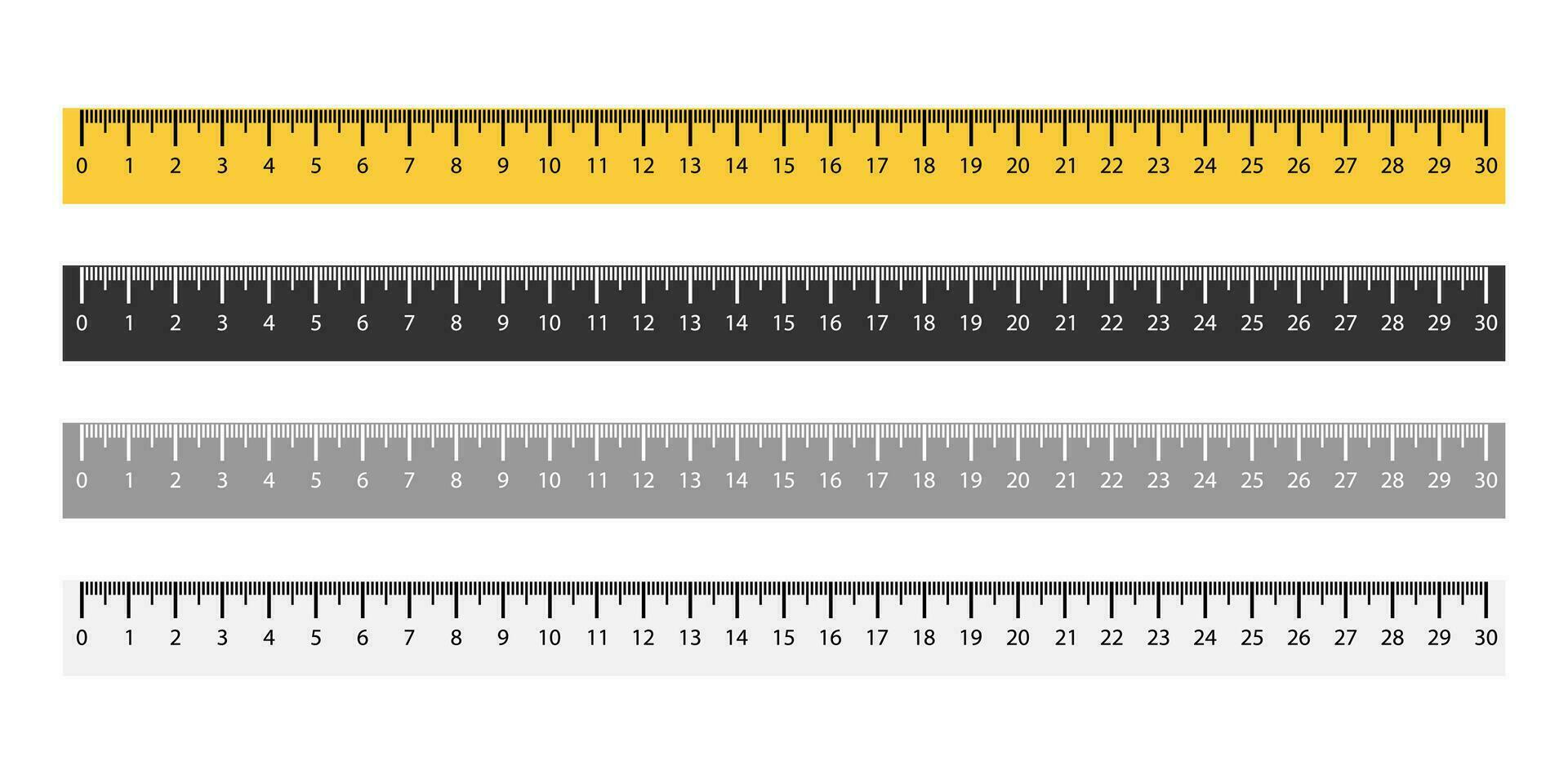 impostato di righello metrico misurazione nel giallo e nero colori. isolato misurare attrezzo a partire dal 1 per 30 centimetro. orizzontale regola con mm cartello. distanza misurazione matematica strumento. vettore eps 10.