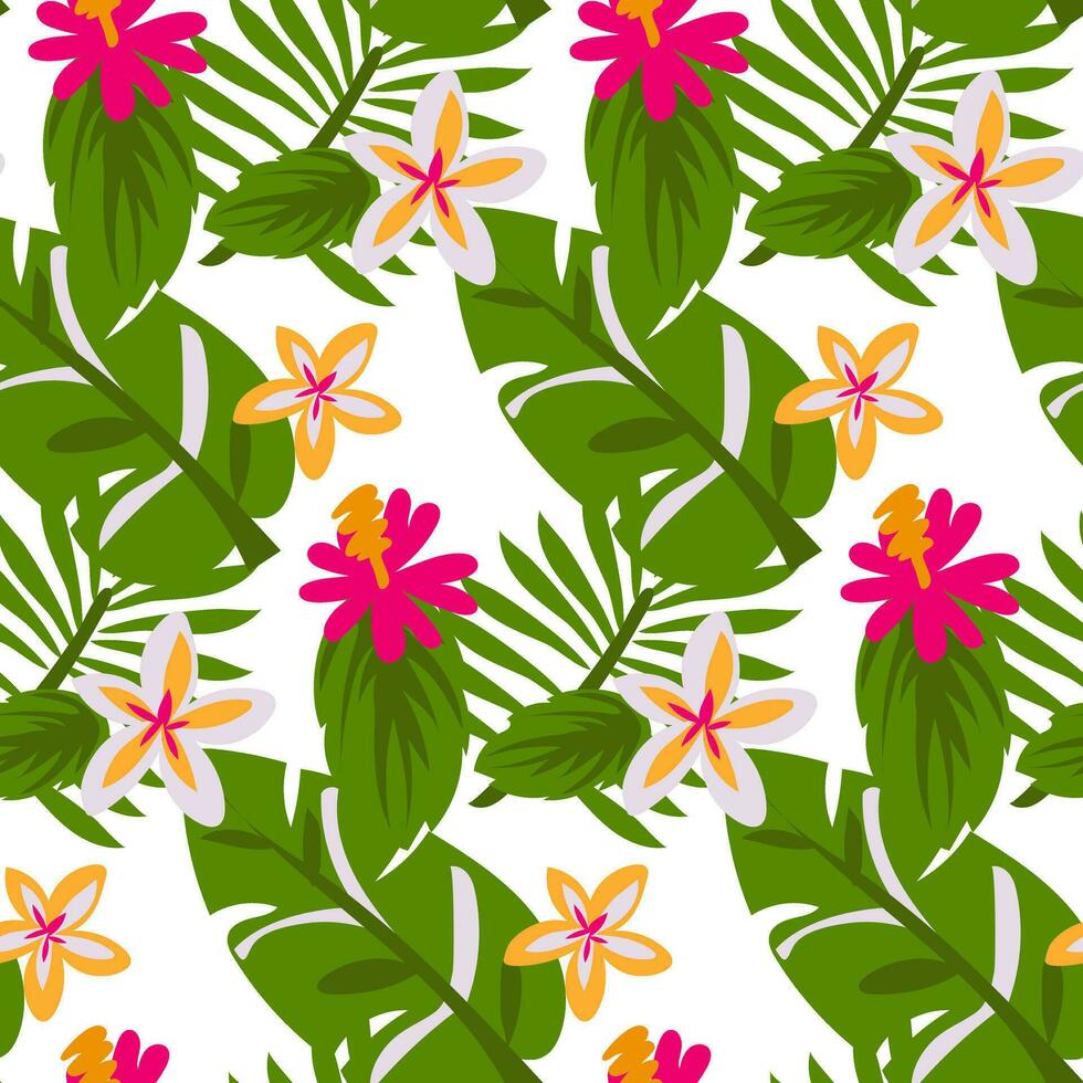 modello con plumeria e ibisco fiori nel giallo, bianca e rosa fiori con tropicale le foglie. botanico struttura con fiori nel grande verde le foglie su un' bianca sfondo. Stampa su tessili, carta vettore