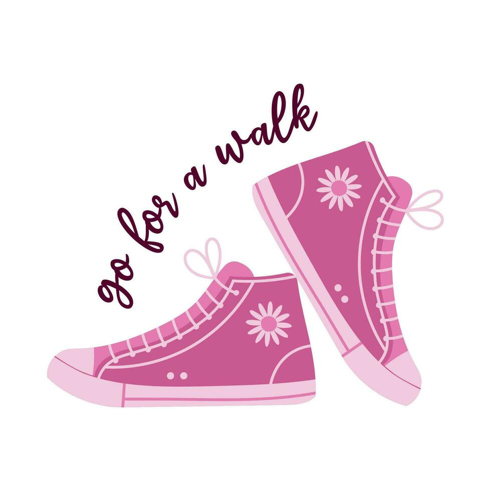 rosa tessile scarpe da ginnastica scarpe con fiore. ragazza moda design con iscrizione partire per un' camminare. cartone animato piatto vettore illustrazione