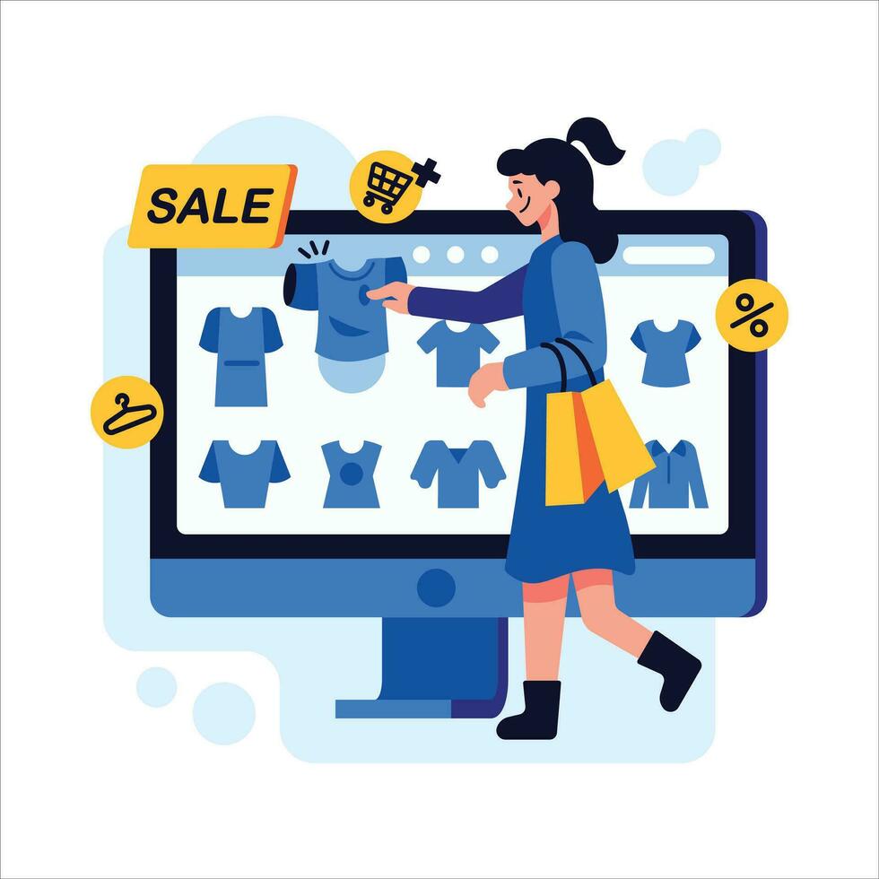 femmina cliente in linea Abiti shopping su sito web vettore illustrazione