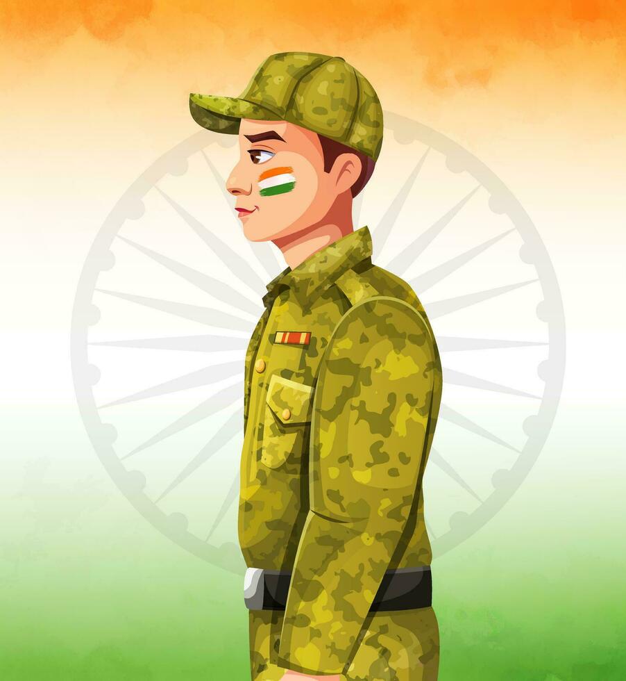 modificabile vettore illustrazione di il orgoglio indiano soldato nel davanti di bandiera di India nel sfondo.