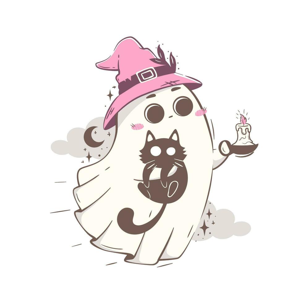 carino cartone animato fantasma nel un' di strega cappello trasporta un' gatto nel il suo braccia, illuminazione il modo con un' candela. Halloween personaggio vettore illustrazione nel rosa retrò colori