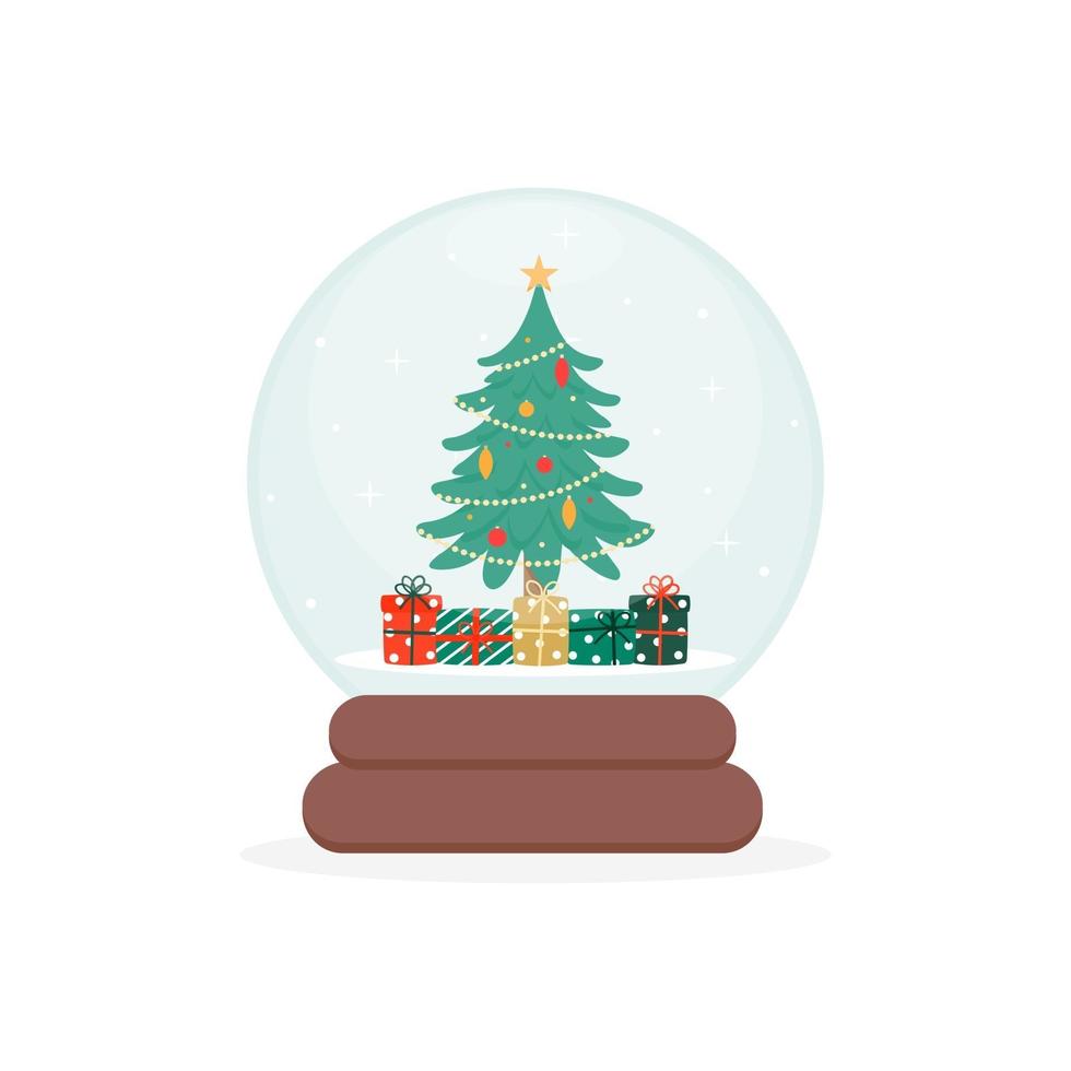 globo di neve con albero di Natale e regali all'interno dell'illustrazione vettoriale piatta.