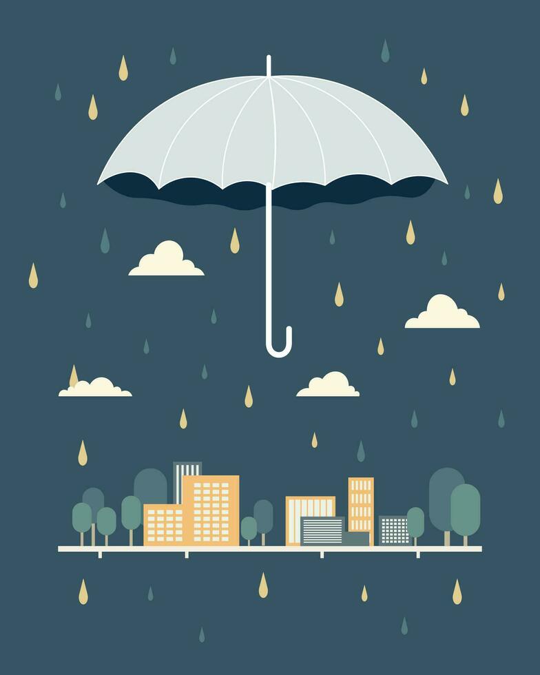città su piovoso nuvoloso giorno con ombrello vettore illustrazione