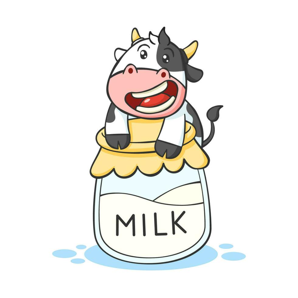 carino mucca cartone animato personaggio con latte vaso vettore