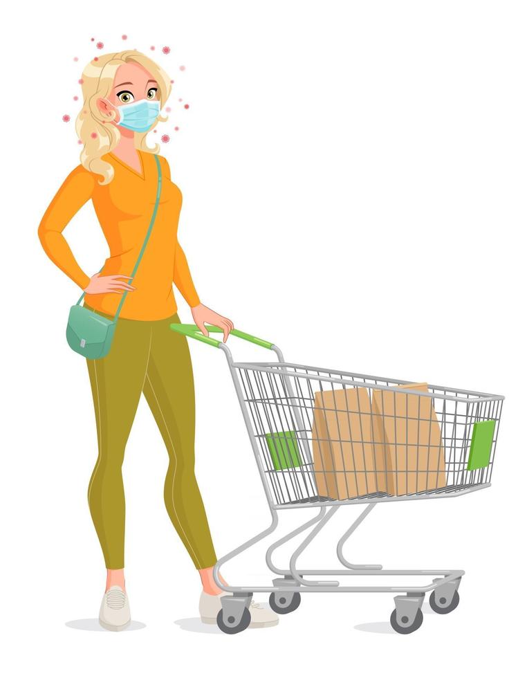 donna in maschera protettiva con illustrazione vettoriale carrello della spesa