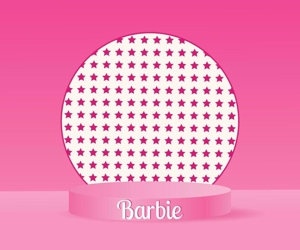 settembre 2023. Barbie Bambola. Barbie iscrizione. rosa podio per Barbie Bambola su un' rosa sfondo. editoriale. vettore