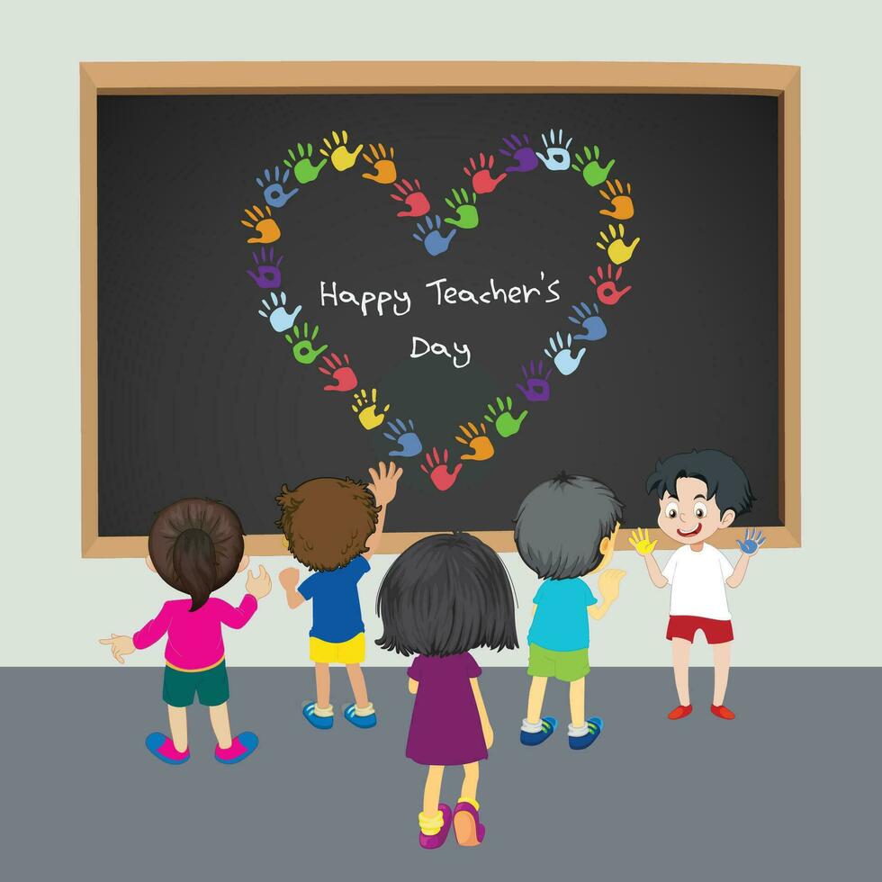 bambini celebrare insegnanti giorno e manifesto per contento insegnanti giorno vettore