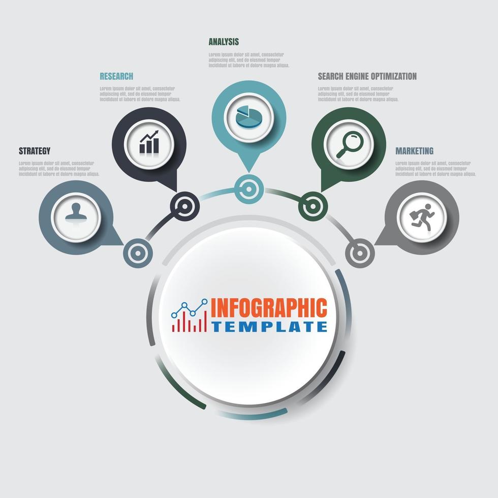 business road map timeline infografica con 5 passaggi cerchio progettato per elementi di sfondo diagramma processo di pianificazione pagine web flusso di lavoro tecnologia digitale grafico di presentazione dei dati. illustrazione vettoriale