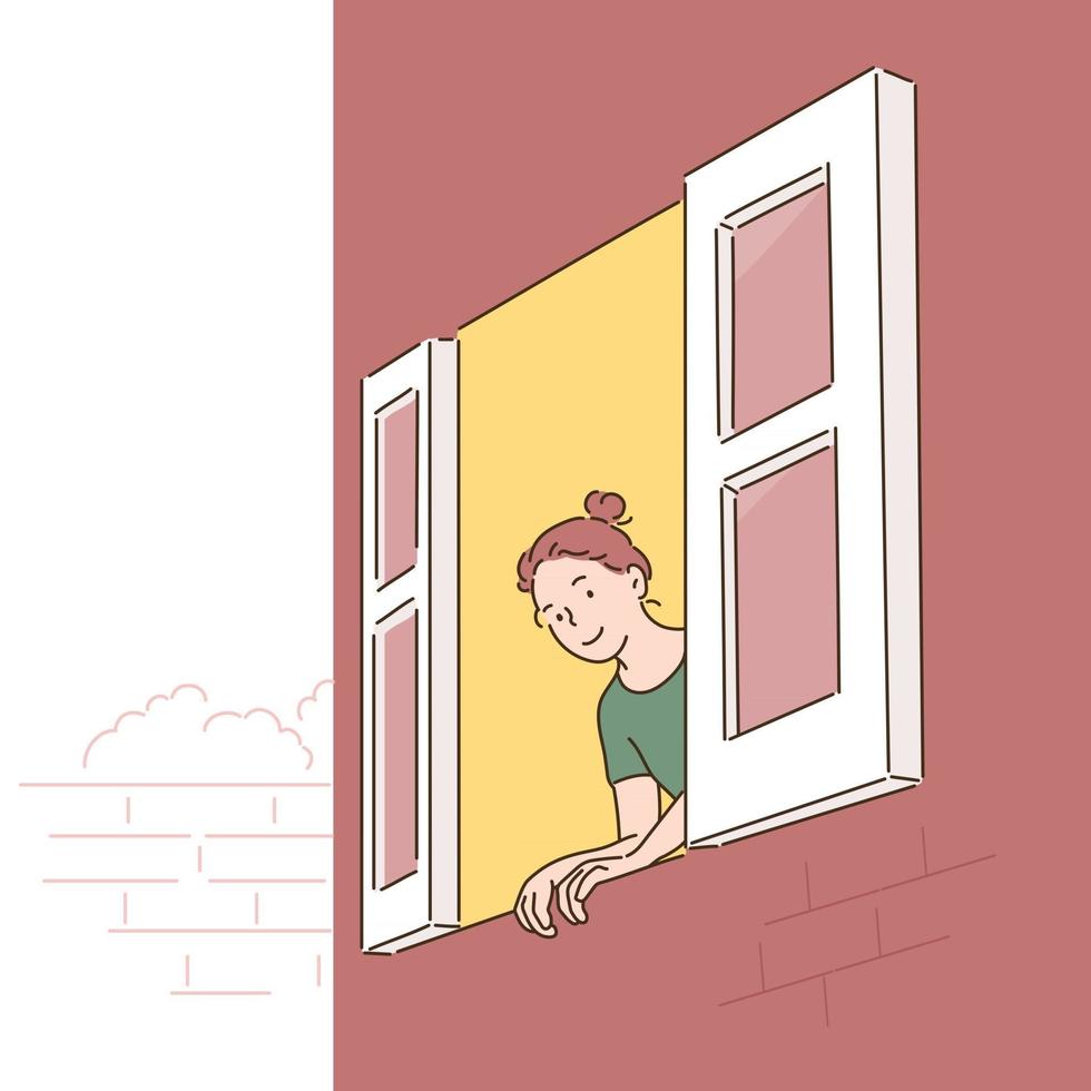 una donna apre la finestra e guarda fuori. illustrazioni di disegno vettoriale stile disegnato a mano.