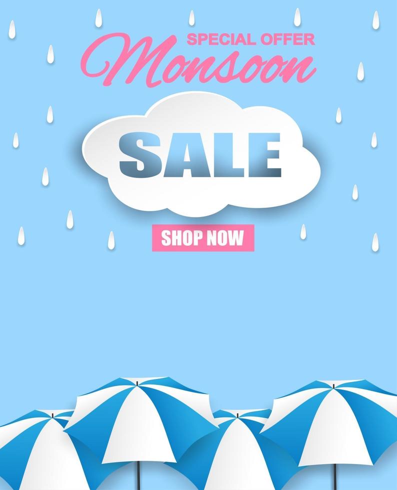 vendita di stagione dei monsoni. design in stile arte della carta con gocce di pioggia, ombrello su sfondo blu. vettore. vettore