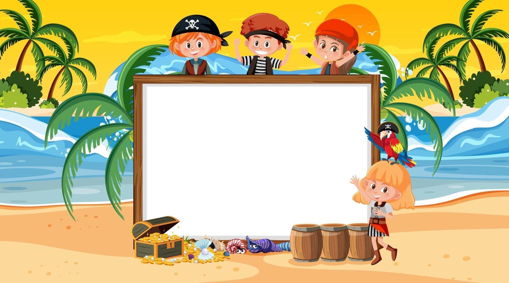modello di banner vuoto con bambini pirati sulla scena del tramonto sulla spiaggia vettore