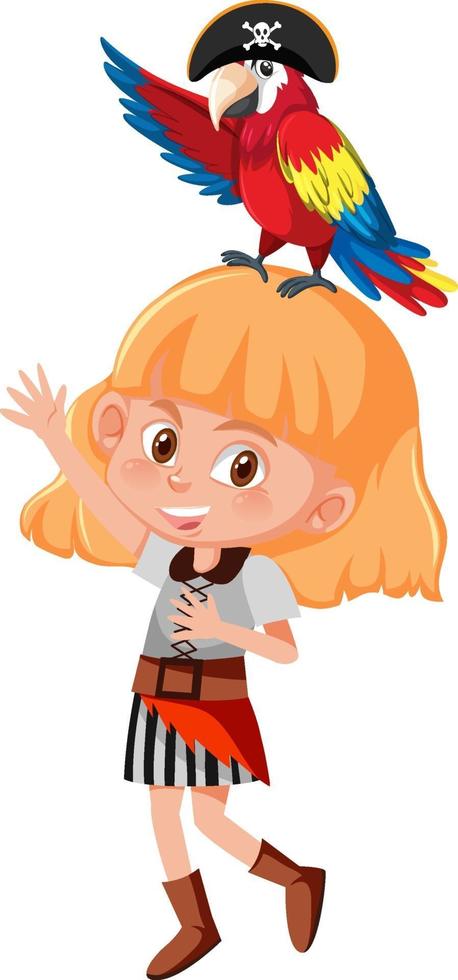 personaggio dei cartoni animati pirata di una ragazza e pappagallo isolato su sfondo bianco vettore