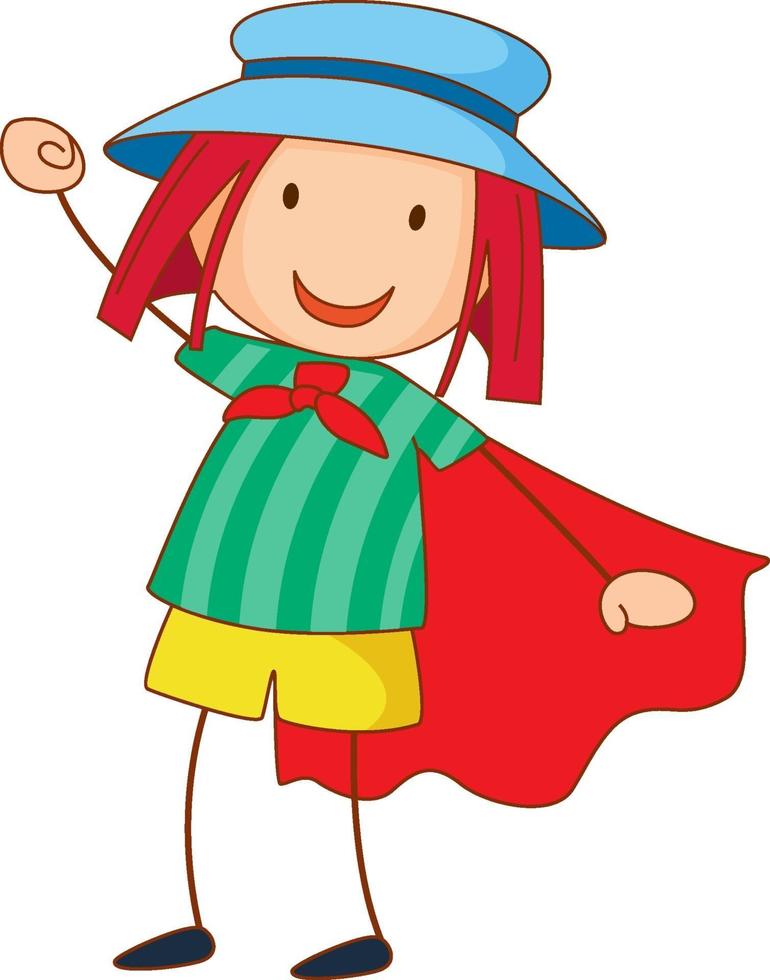 una ragazza che indossa un cappello personaggio dei cartoni animati in stile doodle disegnato a mano vettore