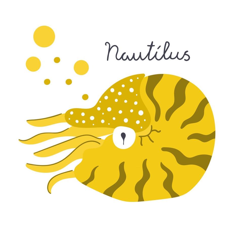 simpatico nautilus disegnato a mano nella conchiglia. sott'acqua, concetto di natura marina. illustrazione piatta. vettore