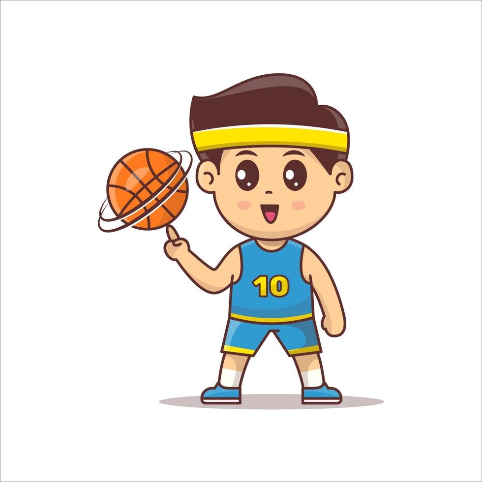 simpatico personaggio della mascotte del giocatore di basket che gioca a palla vettore. giocatore di basket kawaii vettore