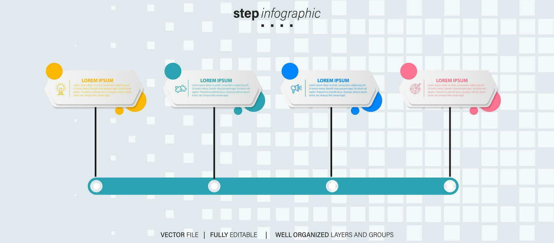 sequenza temporale Infografica con grafico informativo. moderno presentazione modello con 4 Spets per attività commerciale processi. sito web modello su bianca sfondo per concetto moderno design. orizzontale disposizione. vettore