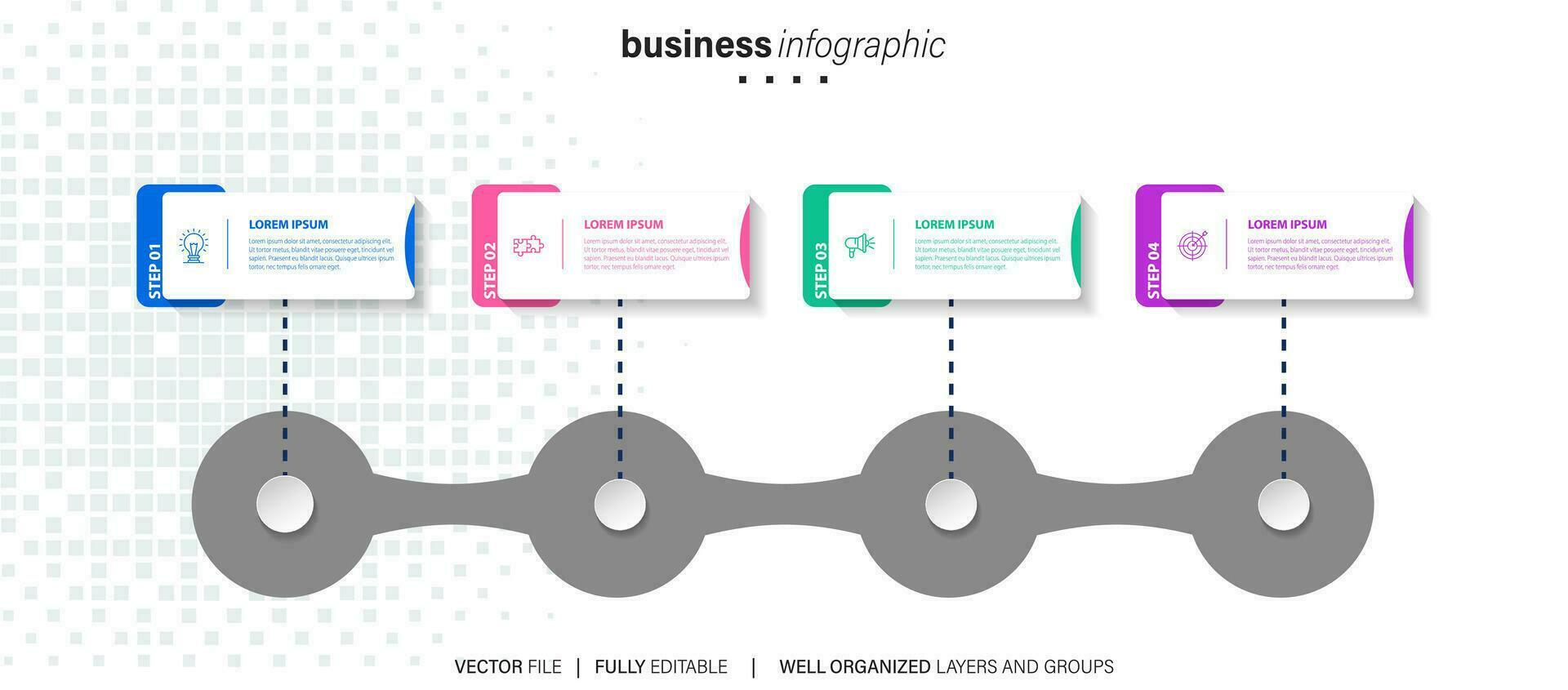 infografica design modello, attività commerciale concetto con 4 passaggi o opzioni, può essere Usato per flusso di lavoro disposizione, diagramma, annuale rapporto, ragnatela design.creativo striscione, etichetta vettore. vettore