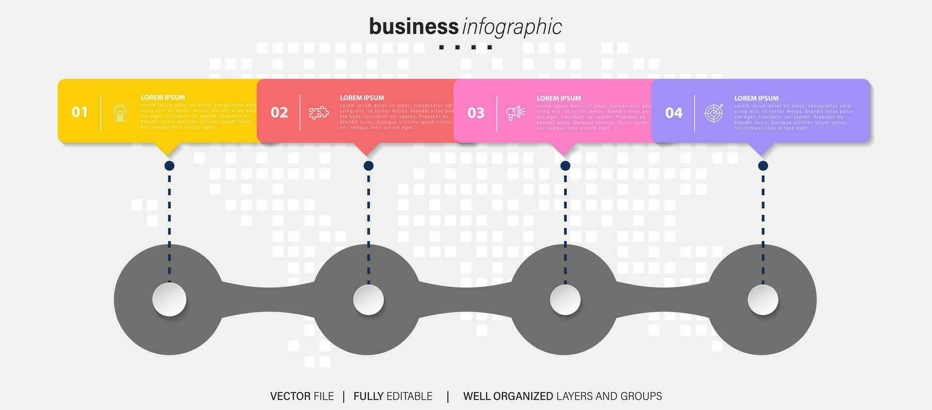 modello di infografica aziendale. etichetta di design a linea sottile con icona e 4 opzioni, passaggi o processi. vettore