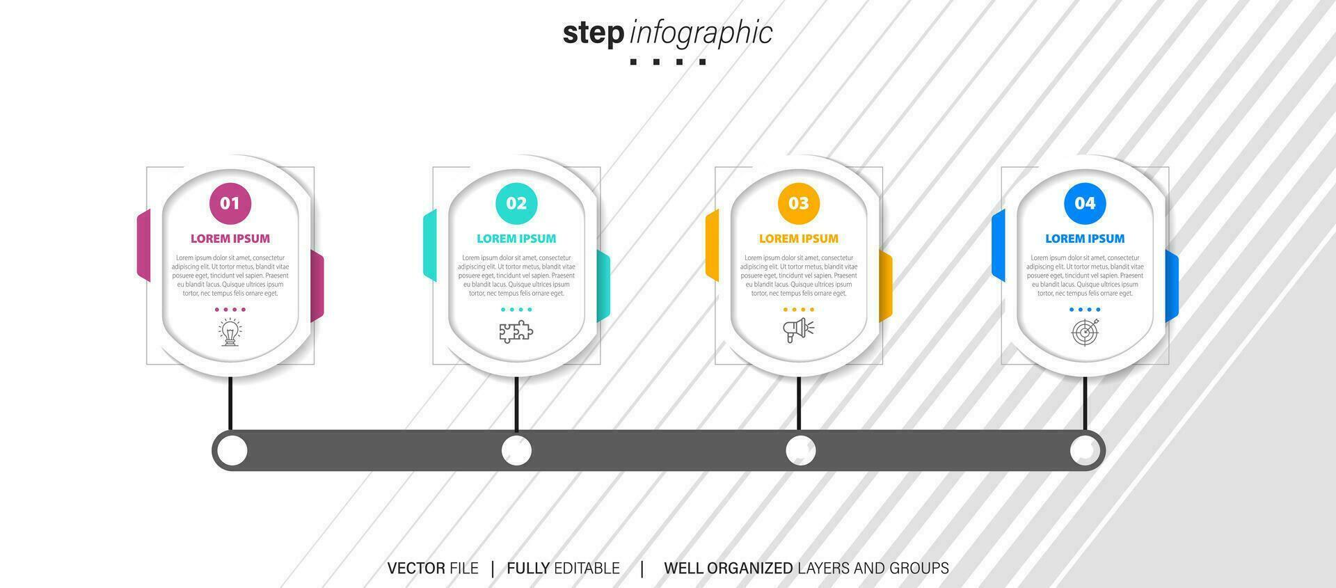 modello di infografica aziendale. etichetta di design a linea sottile con icona e 4 opzioni, passaggi o processi. vettore