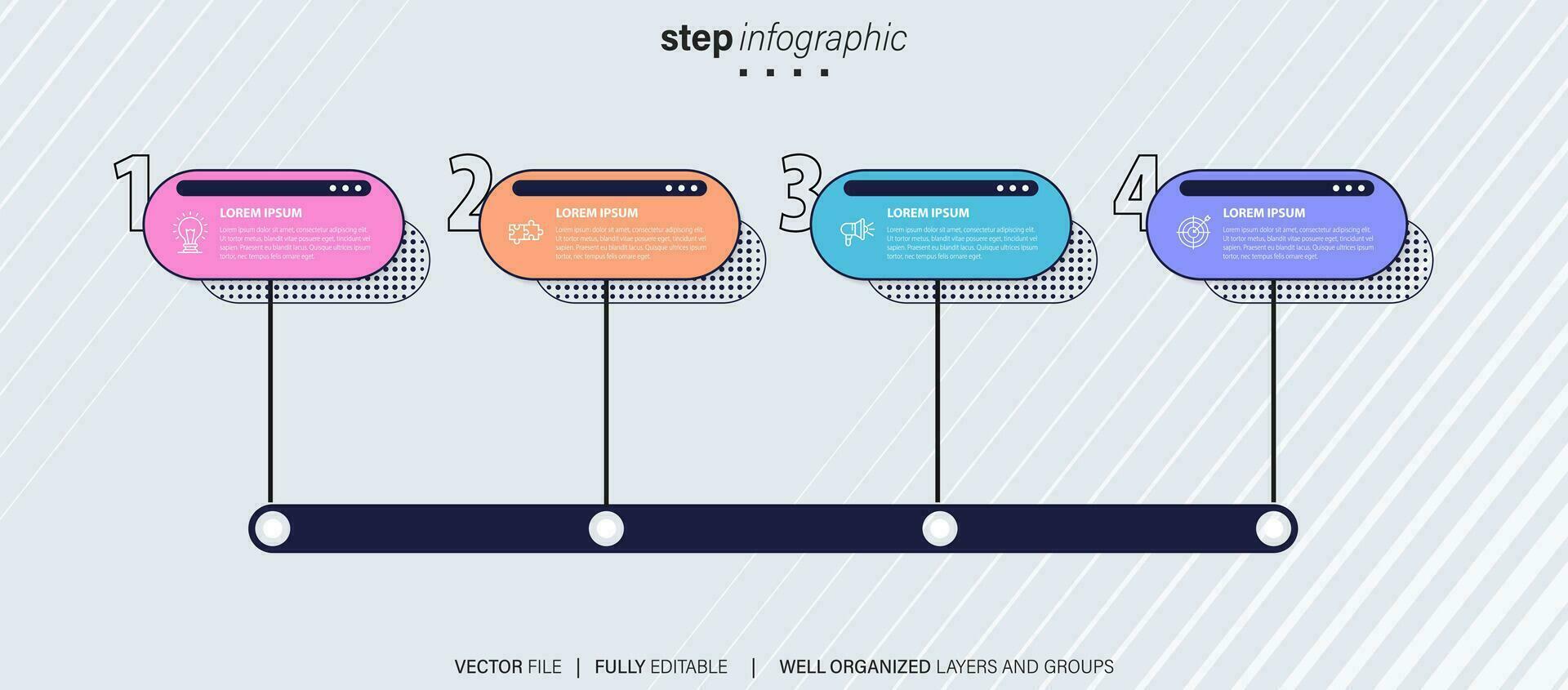 sequenza temporale Infografica con grafico informativo. moderno presentazione modello con 4 Spets per attività commerciale processi. sito web modello su bianca sfondo per concetto moderno design. orizzontale disposizione. vettore