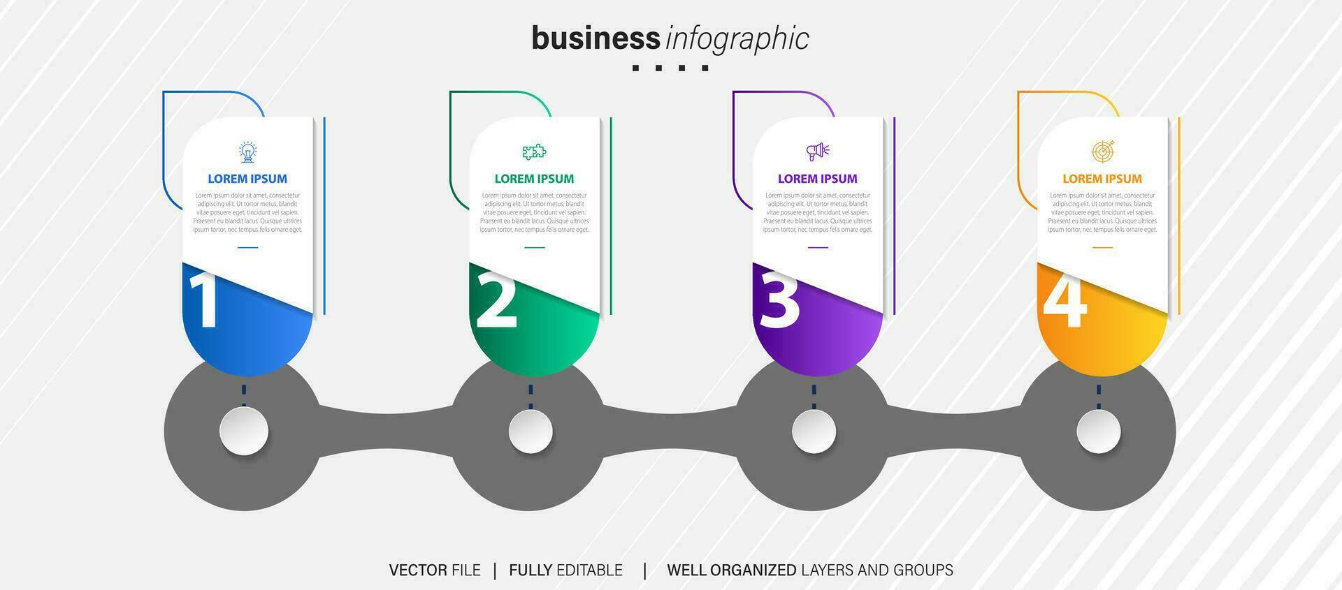 modello di infografica aziendale. etichetta di design a linea sottile con icona e 4 opzioni, passaggi o processi. vettore