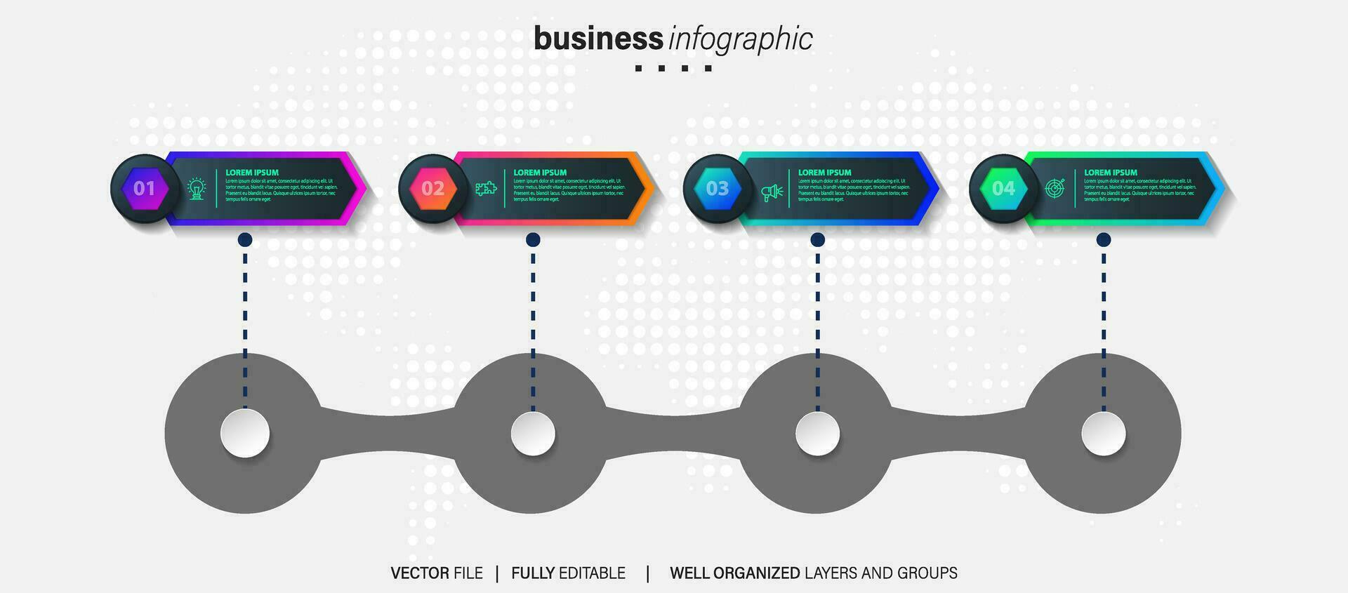 modello di infografica aziendale. etichetta di design a linea sottile con icona e 4 opzioni, passaggi o processi. vettore