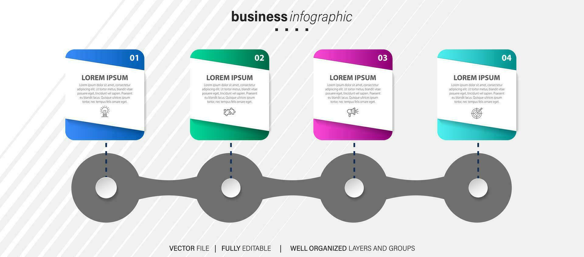 modello di infografica aziendale. etichetta di design a linea sottile con icona e 4 opzioni, passaggi o processi. vettore