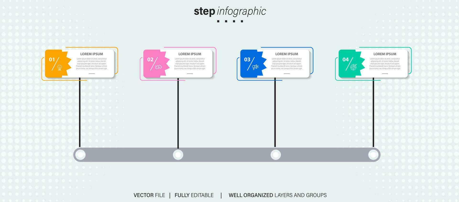 Infografica design modello. sequenza temporale concetto con 4 passaggi vettore