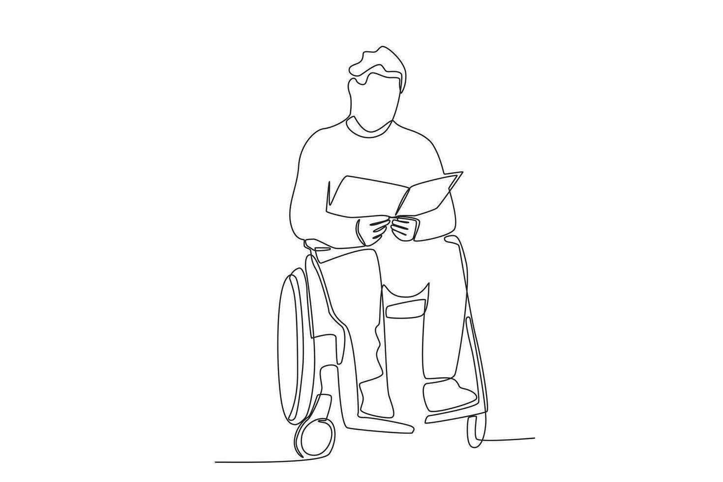 singolo continuo linea disegno di un' uomo nel sedia a rotelle lettura lavoro rapporto vettore