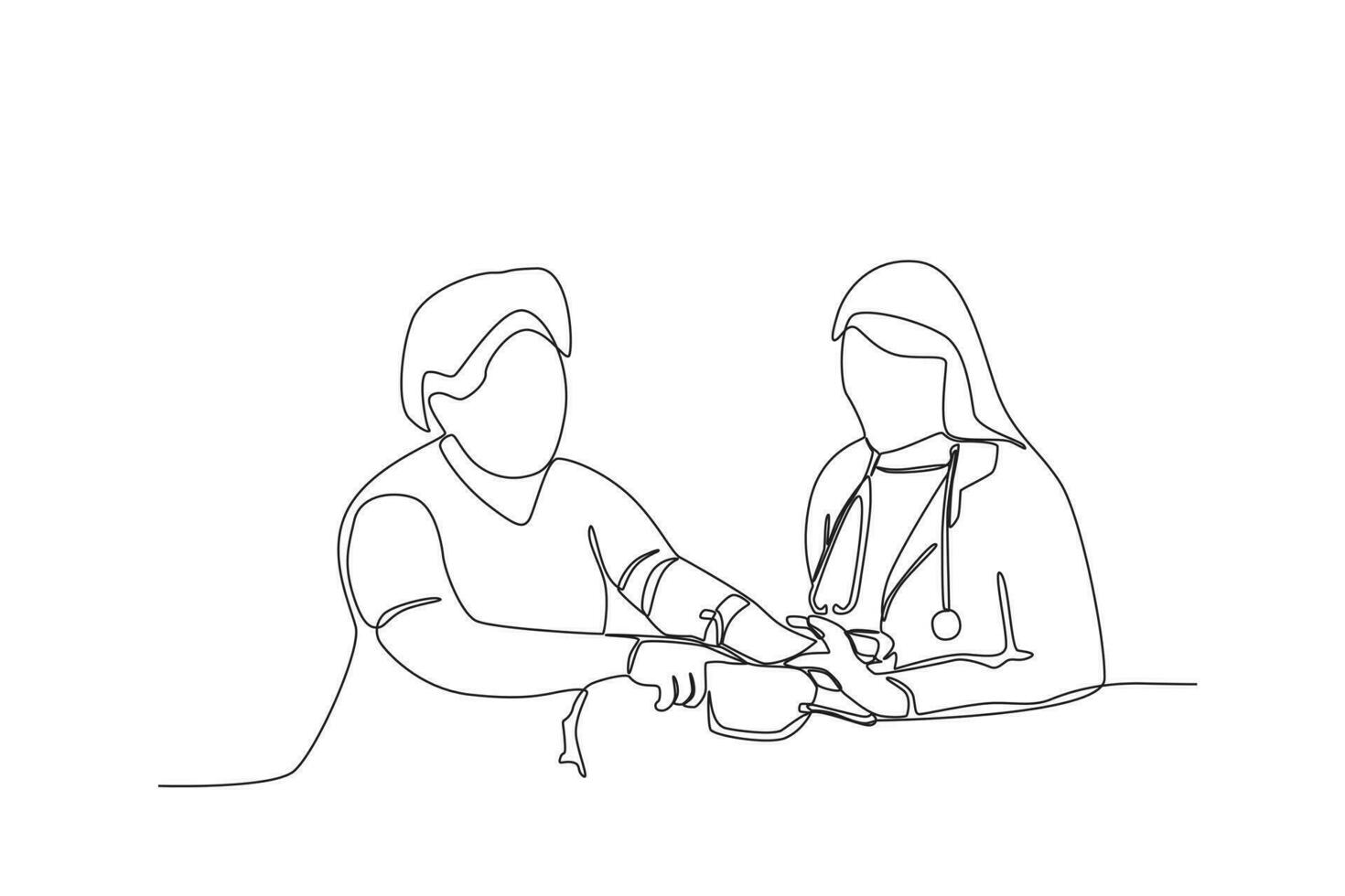 continuo singolo linea disegno di un' femmina medico controllo del paziente sangue pressione vettore