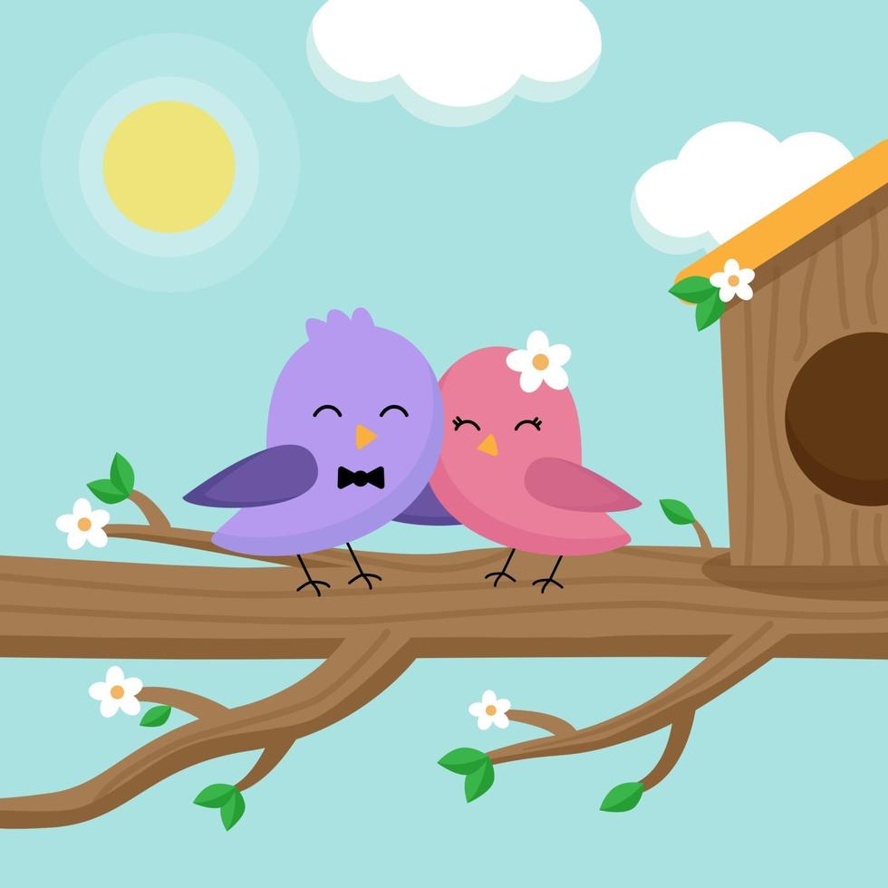 carino adorabile coppia di uccelli che si posano sull'albero in primavera. vettore