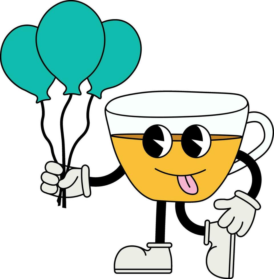 personaggio tazza di tè nel 70s cartone animato stile vettore