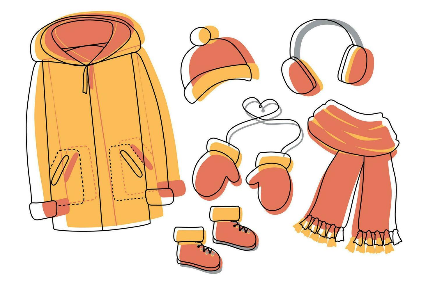 impostato di caldo inverno o autunno Abiti. cappello, paio di guanti, cappotto e stivali, lana accessorio. vettore isolato illustrazione. piatto e lineare protettivo indumento per freddo tempo atmosferico, vacanza decorazione.