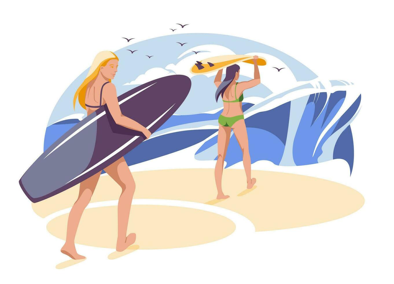 ummer fare surf. Due giovane donne partire per il spiaggia con tavole da surf su un' sfondo di grande oceano onde.piatte vettore illustrazione per estate gli sport attività e mare ricreazione Hobby