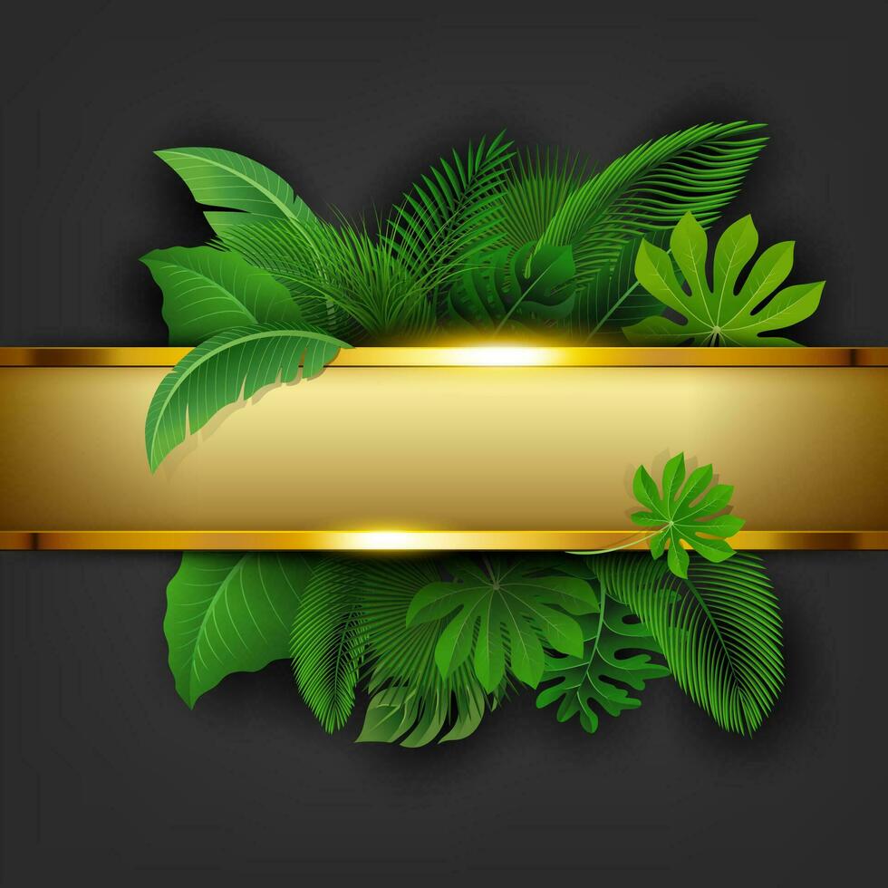 d'oro bandiera con testo spazio di tropicale le foglie. adatto per natura concetto, vacanza, e estate vacanza, vettore illustrazione