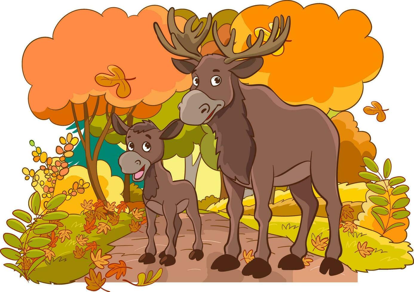 illustrazione di un' carino alce americano e un' bambino alce americano nel il foresta vettore
