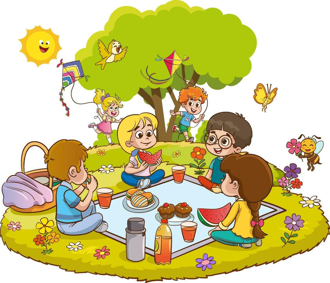 illustrazione di bambini avendo un' picnic a il parco su un' bianca sfondo vettore