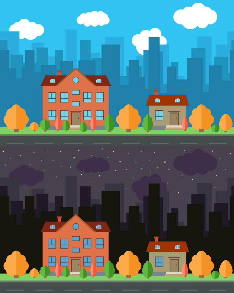 vettore città con uno e due storie cartone animato case nel il giorno e notte. estate urbano paesaggio. strada Visualizza con paesaggio urbano su un' sfondo