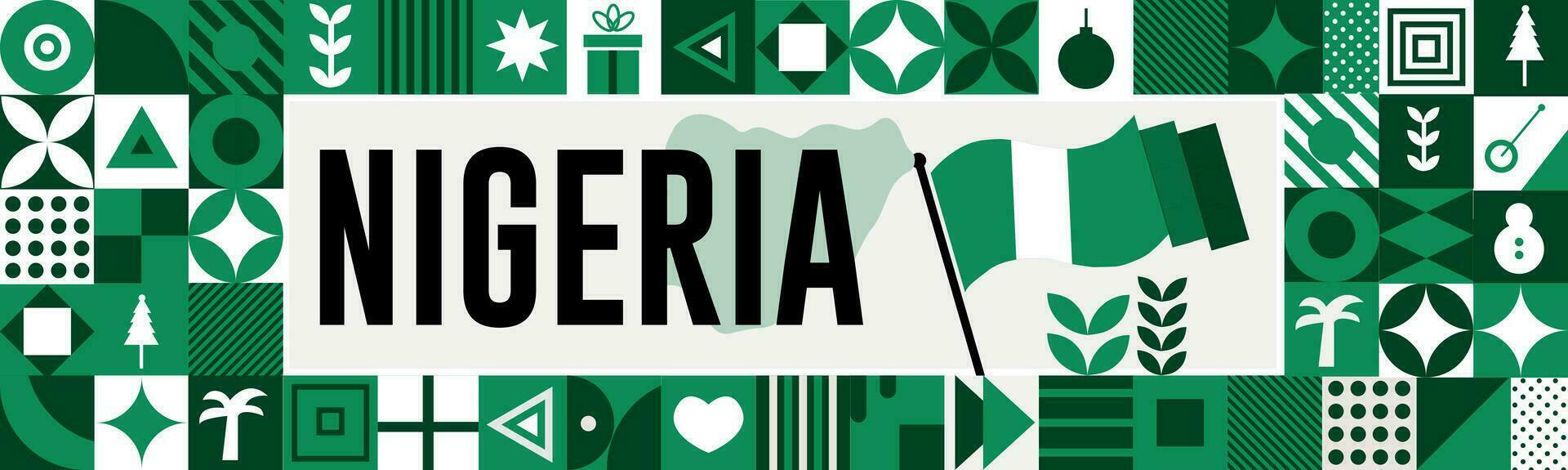 Nigeria nazionale giorno bandiera con carta geografica, bandiera colori tema sfondo e geometrico astratto retrò moderno colorfull design con sollevato mani o pugni. vettore
